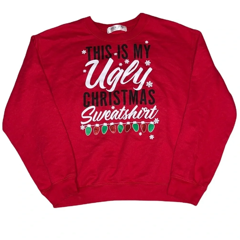 Wound Up Red Ugly Christmas Sweatshirt Graphic Crewneck Juniors Medium 7-9